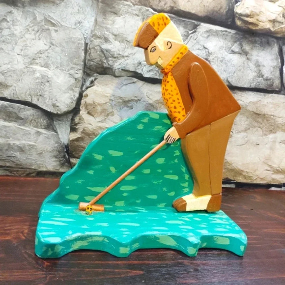 Source Unknown Other - Folk Art Golfer Door Stop Wedge Wooden Handmade Hand Carved Painted Vintage